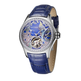 RGA7015 Citron Crested Cockatoo Elegant Women's Automatic Watch - Skeleton Tourbillon Style Dial with Luxury Blue Leather Strap